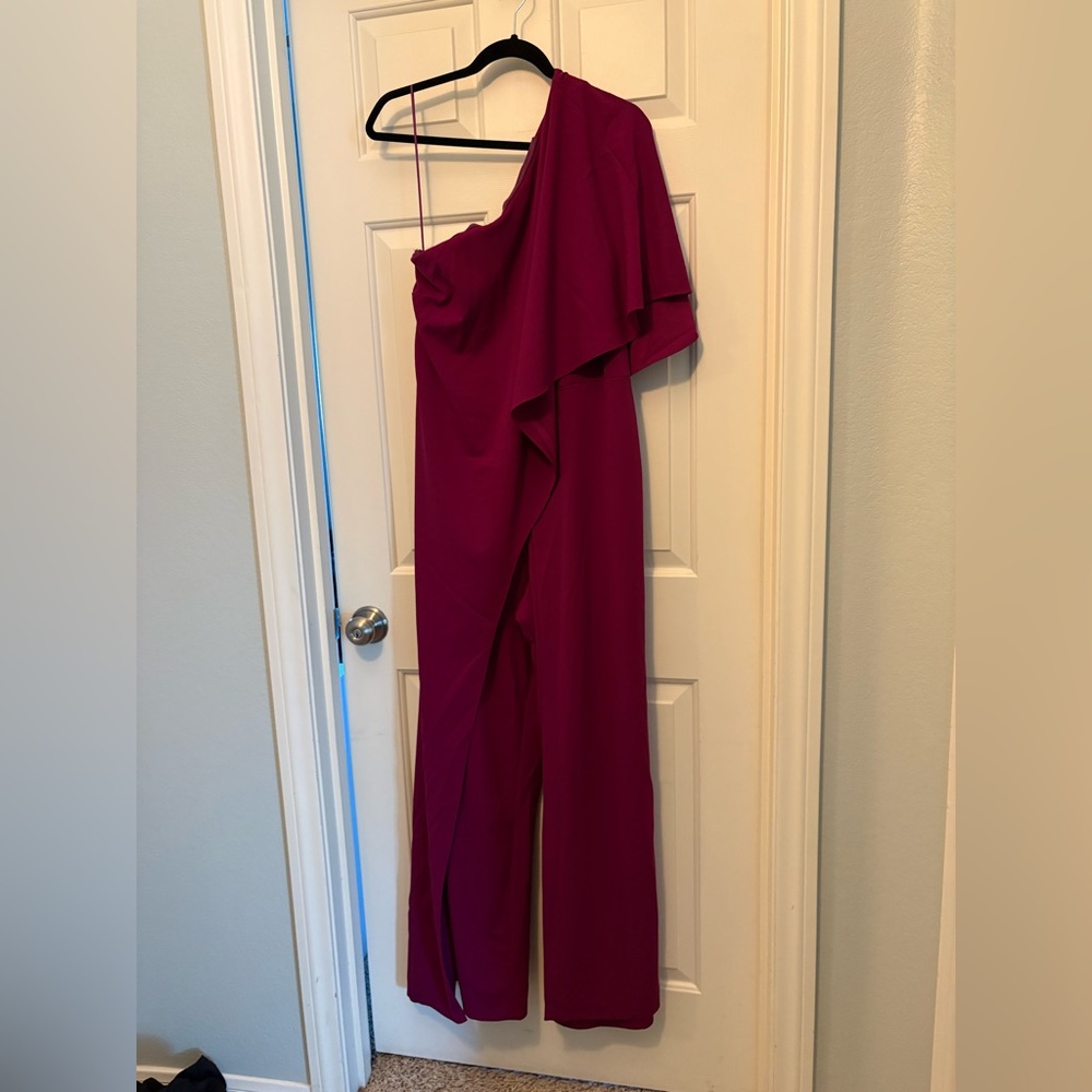 Adrianna Papell One Shoulder Flutter Cape Jumpsuit-Wine Color-Women’s 16